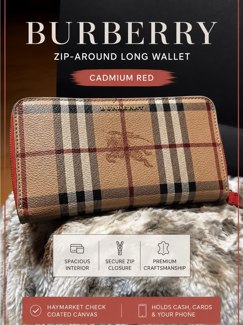 🏇 Burberry Haymarket Check Zip Wallet Cadmium Red